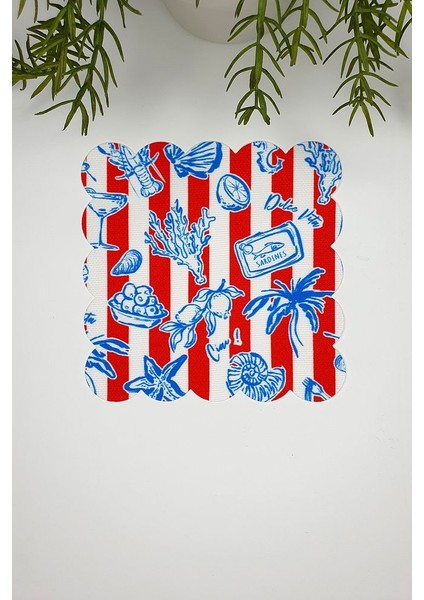 Kırmızı Beyaz Çizgili Mavi Deniz Objeleri Desenli Lazer Kesim Kokteyl Peçetesi 1 Adet