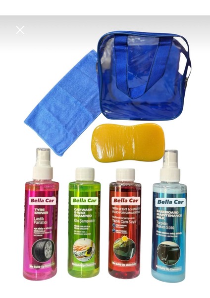 Çantalı Yazlık Bakım Seti Oto Şampuan, Cam Suyu, Torpido Bakım Sütü, Lastik Parl, Sünger ve Bez