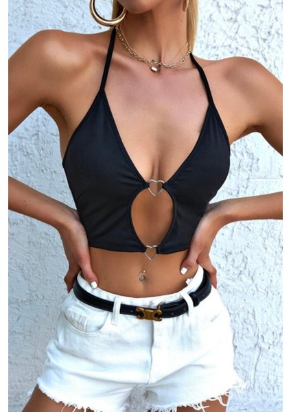 Şık Kalpli Aksesuarlı Crop Büstiyer T-Shirt