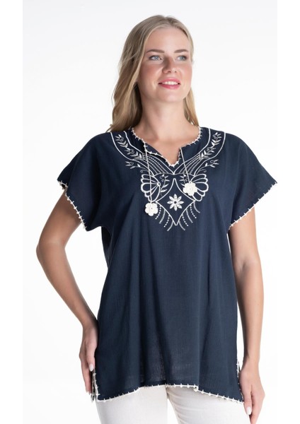 Kısa Kol Şile Bezi Naz Yazlık Bluz Petrol Ptrl