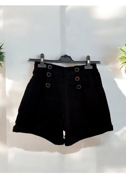 Kız Çocuk Kışlık Bel Lastikli Düğmeli Siyah Şort