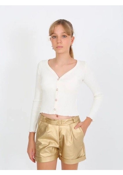 Kız Çocuk Kemerli Duble Paça Gold Deri Şort