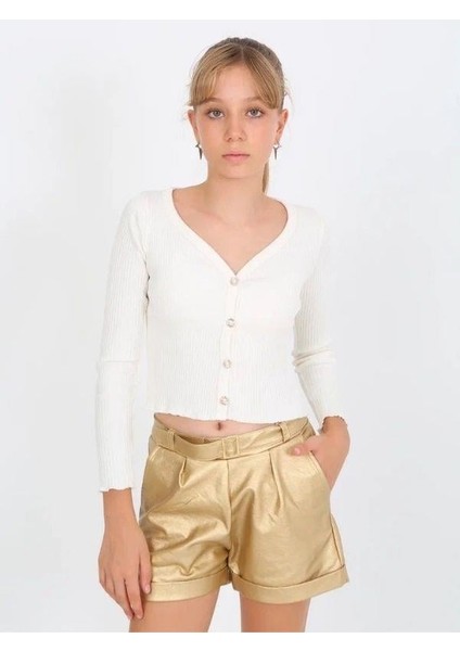 Kız Çocuk Kemerli Duble Paça Gold Deri Şort modelleri