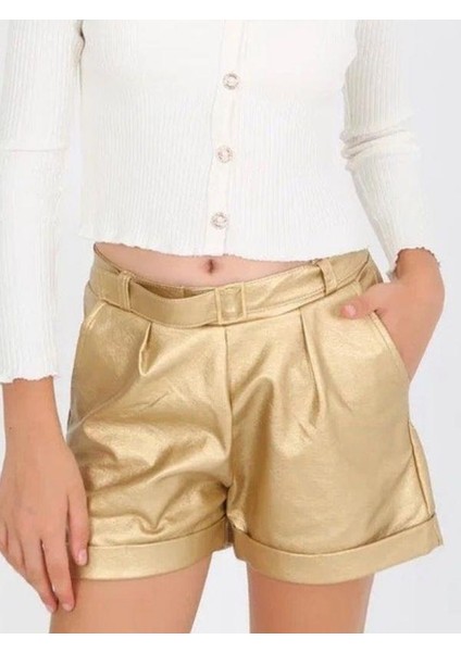 Kız Çocuk Kemerli Duble Paça Gold Deri Şort indirimleri