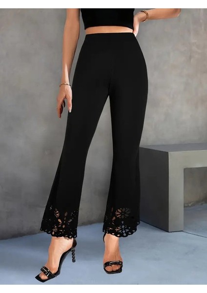 Kadın Yüksek Bel Paçaya Doğru Genişleyen Lazer Çiçek Kesim Detaylı Ithal Krep Pantolon fırsatları