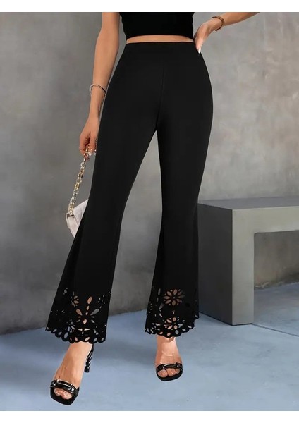 Kadın Yüksek Bel Paçaya Doğru Genişleyen Lazer Çiçek Kesim Detaylı Ithal Krep Pantolon indirimleri