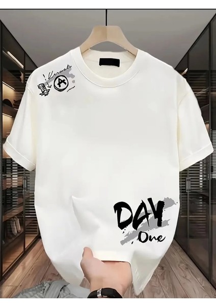 Baskılı Oversize Bisiklet Yaka T-Shirt - Beyaz