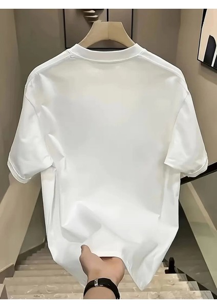 Baskılı Oversize Bisiklet Yaka T-Shirt - Beyaz