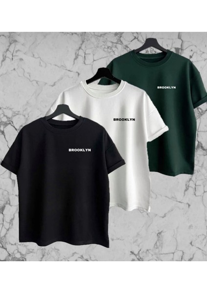 Yeni Sezon Brooklyn Yazılı Pamuklu Oversize Tshirt 3 Adet Set