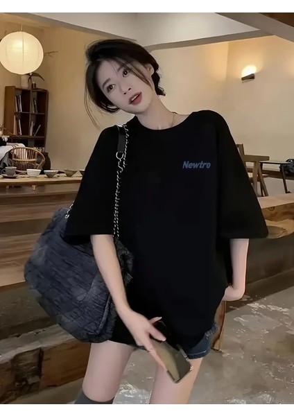 Baskılı Oversize Bisiklet Yaka T-Shirt - Siyah