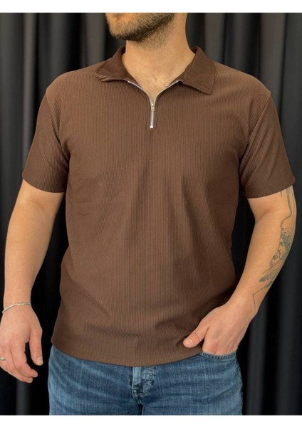 ✅ Erkek Ottoman Kumaş T-Shirt – Polo Yaka, Yarım Fermuar Detaylı