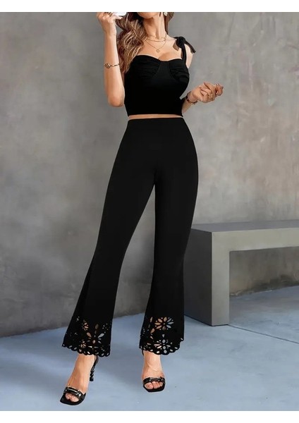 Kadın Yüksek Bel Paçaya Doğru Genişleyen Lazer Çiçek Kesim Detaylı Ithal Krep Pantolon fiyatları