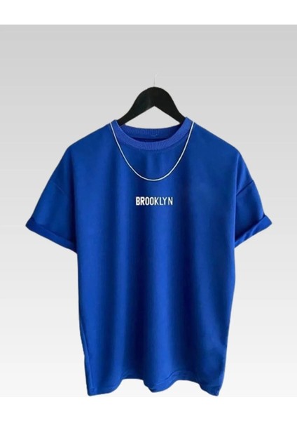 Yeni Sezon Unisex Brooklyn Baskılı Mavi Bisiklet Yaka Pamuklu T-Shirt