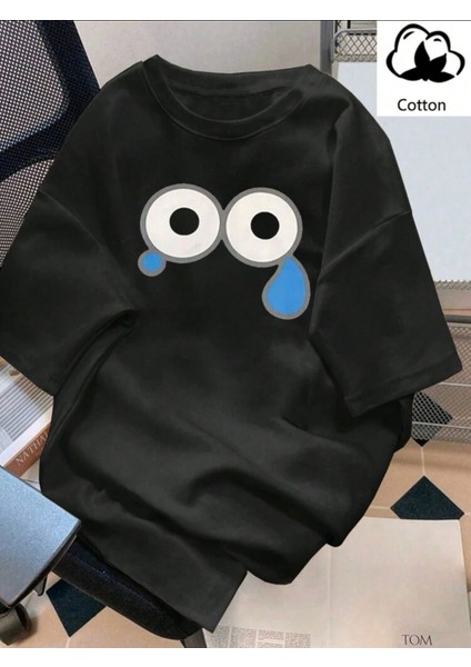 Akan Göz Desenli Oversize Siyah T-Shirt
