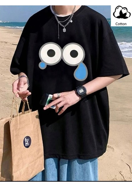 Akan Göz Desenli Oversize Siyah T-Shirt
