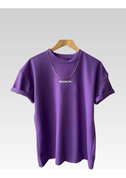Yeni Sezon Unisex Brooklyn Baskılı Mor Bisiklet Yaka Pamuklu T-Shirt