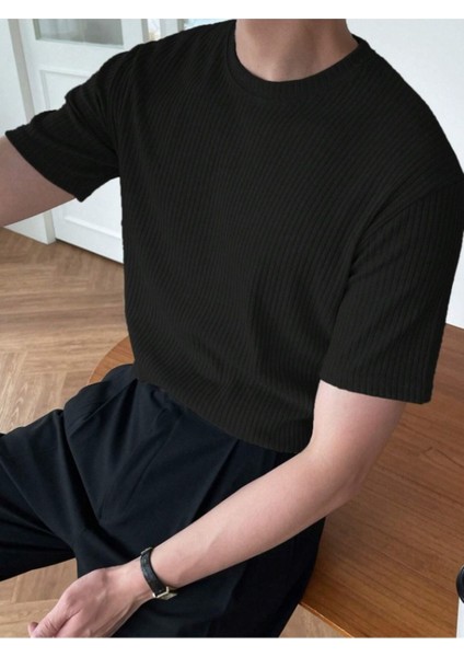 Unisex Erkek-Kadın Fitilli Bisiklet Yaka Triko T-Shirt