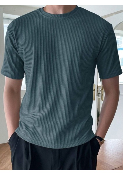 Unisex Erkek-Kadın Fitilli Bisiklet Yaka Triko T-Shirt