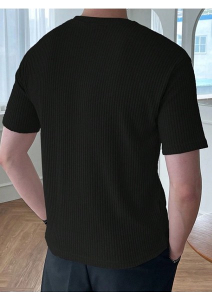 Unisex Erkek-Kadın Fitilli Bisiklet Yaka Triko T-Shirt