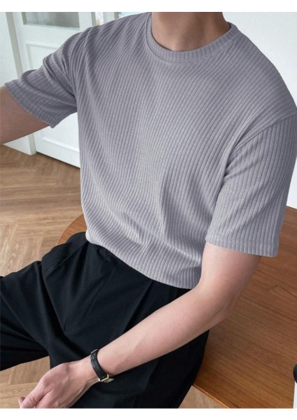 Unisex Erkek-Kadın Fitilli Bisiklet Yaka Triko T-Shirt