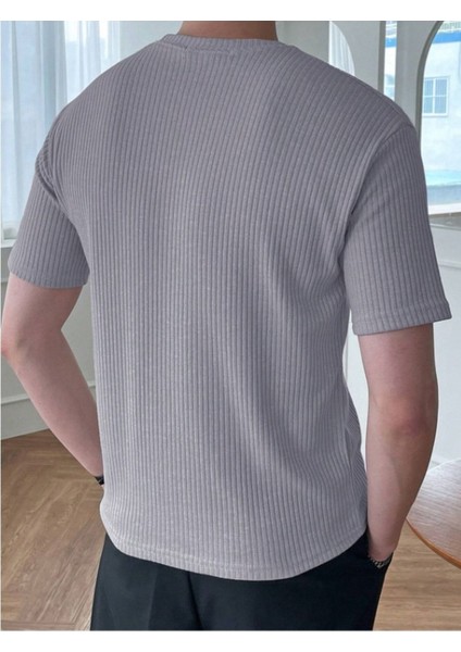 Unisex Erkek-Kadın Fitilli Bisiklet Yaka Triko T-Shirt