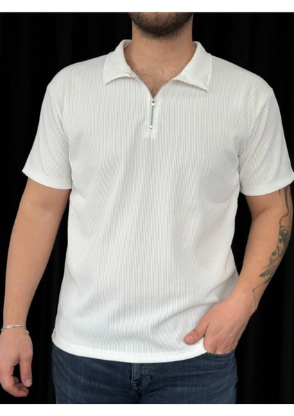 ✅ Erkek Ottoman Kumaş T-Shirt – Polo Yaka, Yarım Fermuar Detaylı
