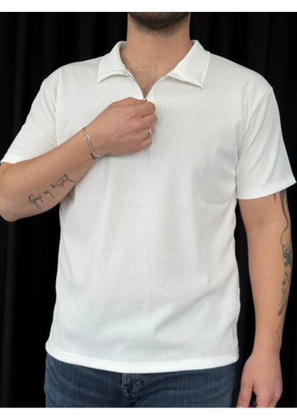 ✅ Erkek Ottoman Kumaş T-Shirt – Polo Yaka, Yarım Fermuar Detaylı