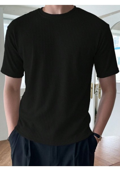 Unisex Erkek-Kadın Fitilli Bisiklet Yaka Triko T-Shirt