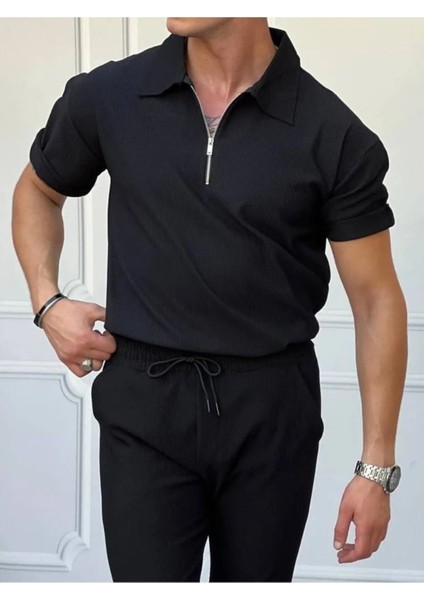 Unisex Erkek-Kadın Fitilli Polo Yakası Fermuarlı Ottoman T-Shirt