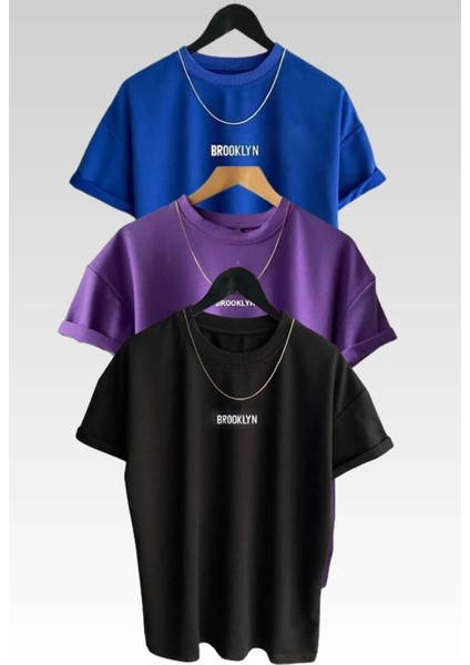 Yeni Sezon Unisex Brooklyn Baskılı 3lü (Üçlü) Paket Siyah-Mavi-Mor Pamuklu T-Shirt