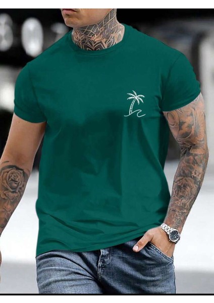 Unisex Yeni Sezon Oversize Palmiye Baskılı Pamuklu Tshirt