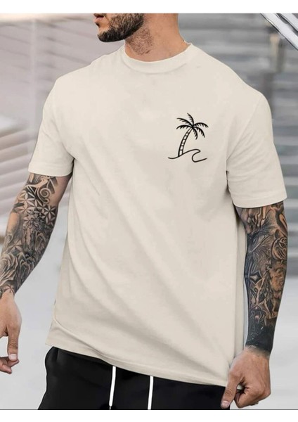 Unisex Yeni Sezon Oversize Palmiye Baskılı Pamuklu Tshirt