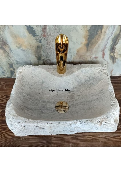 Gümüş Traverten Batarya Çıkışlı Dikdörtgen Lavabo