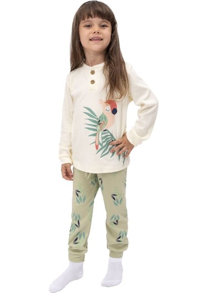 Kız Çocuk Bej Papağan Baskılı 2'li Pijama Takımı - 1014742
