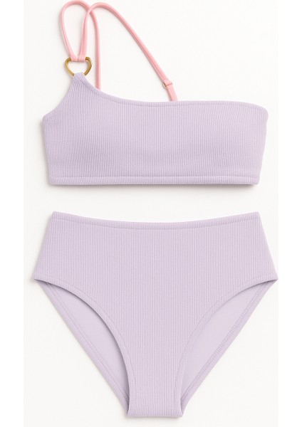 Kadın Unicorn Kalp Aksesuarlı Tek Omuz Bikini Takımı Lila