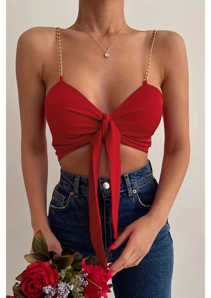Zincir Askılı Crop Büstiyer T-Shirt