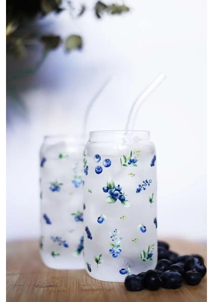 Pinterest Bardak Blueberry Desenli Isıya Dayanıklı Borosilikat 2 Adet Cam Pipetli Sunum Bardağı