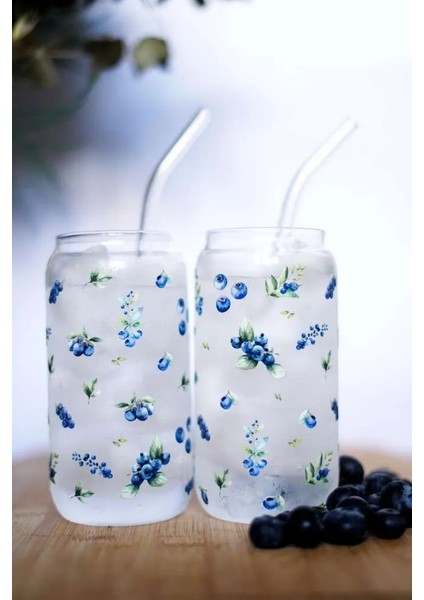 Pinterest Bardak Blueberry Desenli Isıya Dayanıklı Borosilikat 2 Adet Cam Pipetli Sunum Bardağı