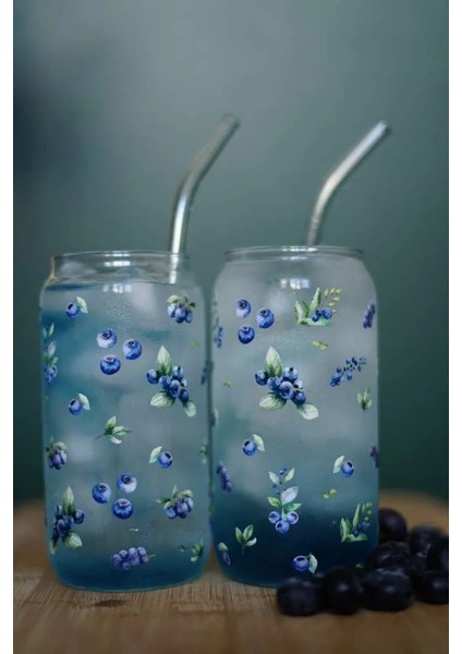 Pinterest Bardak Blueberry Desenli Isıya Dayanıklı Borosilikat 2 Adet Cam Pipetli Sunum Bardağı