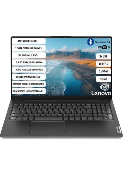V15 G4 ABP Amd Ryzen 7 7730U 16 GB 512 GB SSD 15,6" FHD Freedos Taşınabilir Bilgisayar 82YY0012TR+165