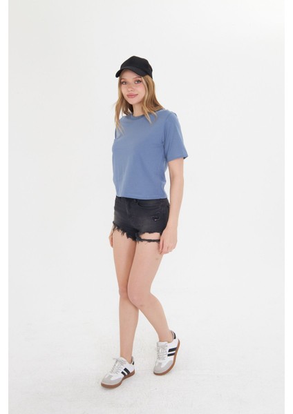 Kadın Mavi Yuvarlak Yaka Regular Fit Normal Kesim T-Shirt Tişört modelleri