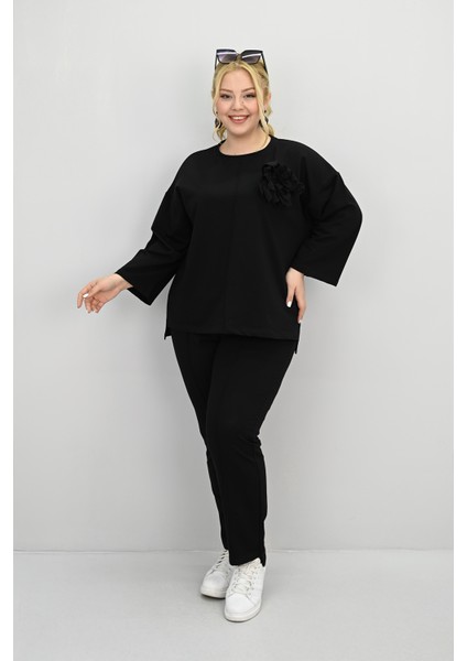 Kadın Büyük Beden Uzun Kollu Çiçek Aksesuarlı Eşofman Takımı 8182-25