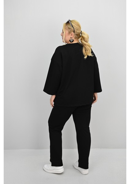 Kadın Büyük Beden Uzun Kollu Çiçek Aksesuarlı Eşofman Takımı 8182-25 fırsatları