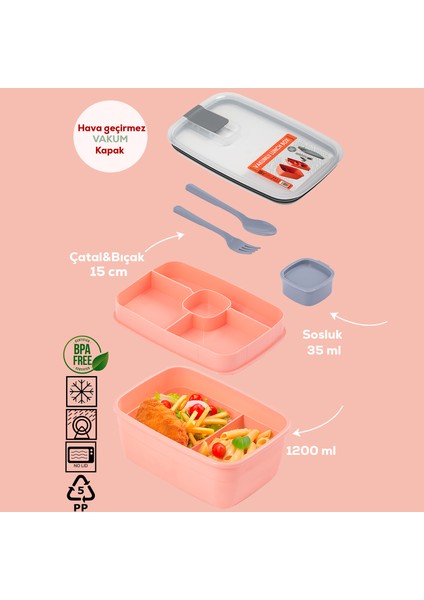 3193 Vakumlu Kendinden Kaşık Çatallı Sosluklu Bölmeli Beslenme Çantası - Taşınabilir 2 Katlı Lunch Box - Sefer Tası 1200 ml Somon