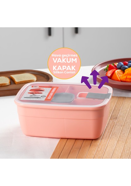 3193 Vakumlu Kendinden Kaşık Çatallı Sosluklu Bölmeli Beslenme Çantası - Taşınabilir 2 Katlı Lunch Box - Sefer Tası 1200 ml Somon fiyatları