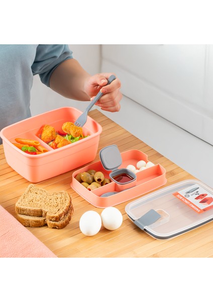 3193 Vakumlu Kendinden Kaşık Çatallı Sosluklu Bölmeli Beslenme Çantası - Taşınabilir 2 Katlı Lunch Box - Sefer Tası 1200 ml Somon modelleri