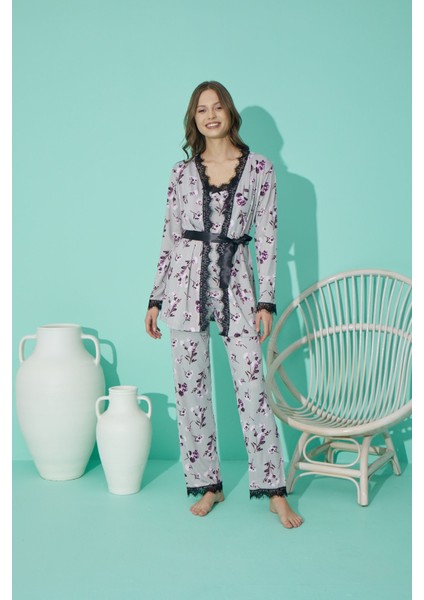 Askılı Dantel Detaylı Sabahlıklı 3'lü Pijama Takımı fiyatları