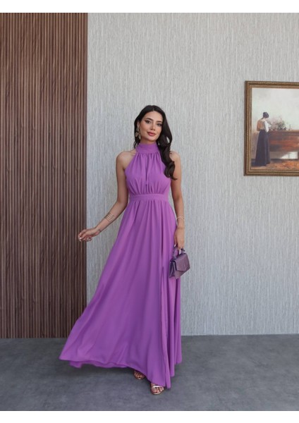 Halter Yaka Yırtmaçlı Kloş Uzun Elbise