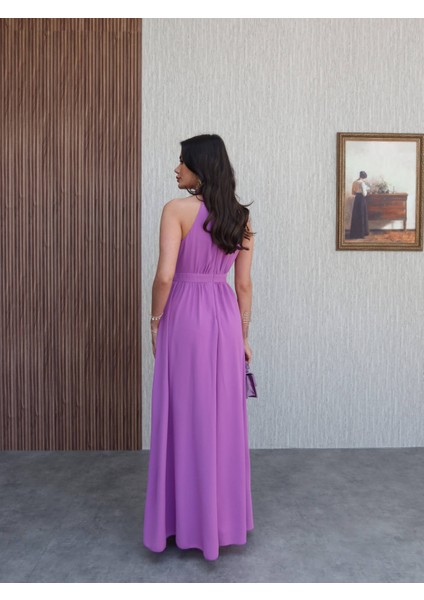 Halter Yaka Yırtmaçlı Kloş Uzun Elbise