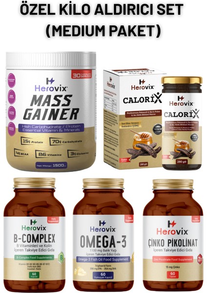 Özel Kılo Aldırıcı Set - Medium Paket Omega 3, B Complex, Çinko, Calorix, Gainer 1500 gr